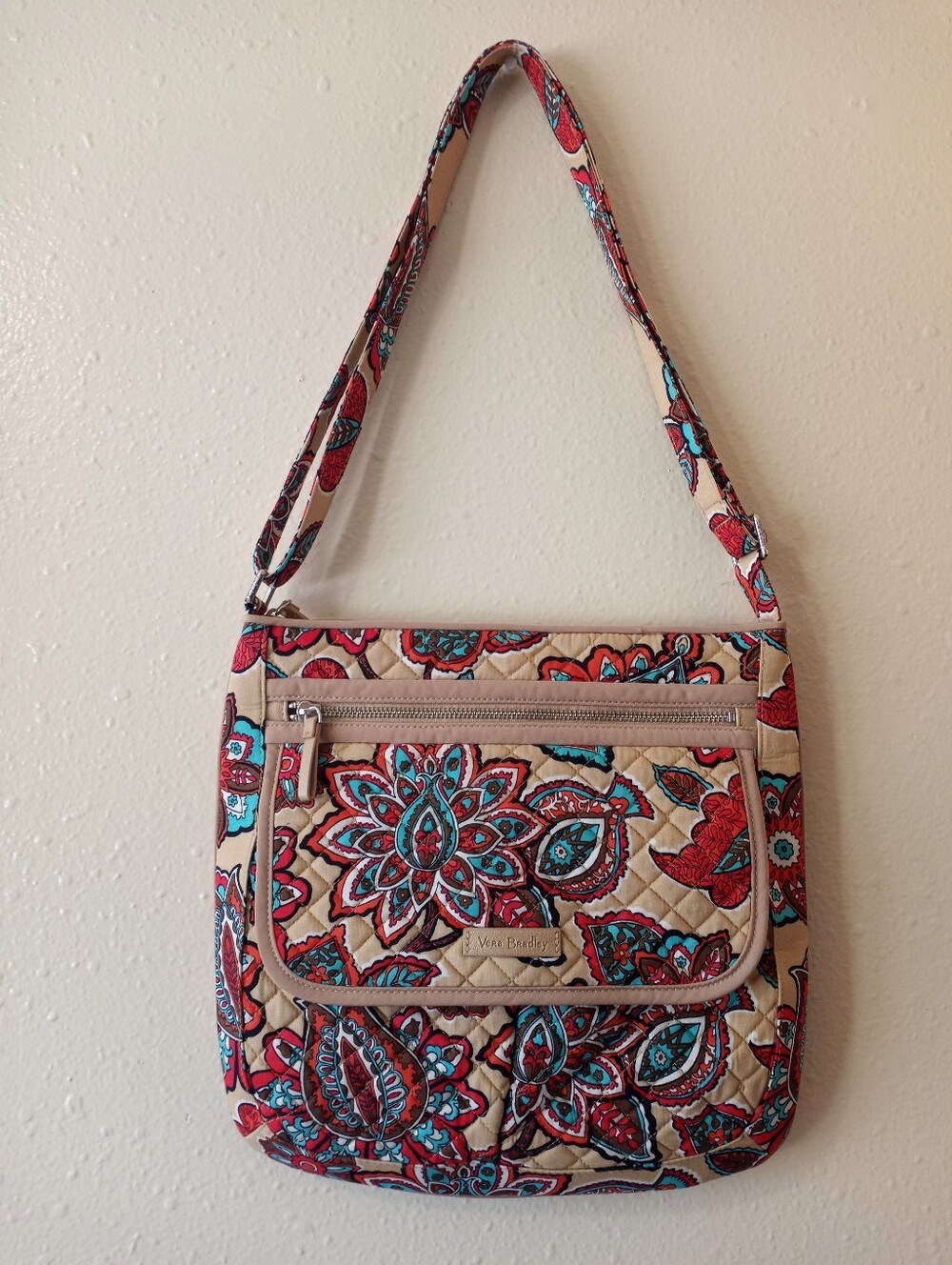 Vera Bradley Beige Floral Quilted Shoulder Bag with Red and Turquoise Accents